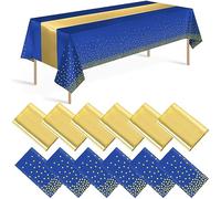 Paquete de 12 manteles azules y dorados y camino de mesa para decoración de fiesta, mantel desechable de plástico azul real y dorado y camino de mesa de satén para boda, cumpleaños, novia, baby