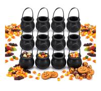 Paquete de 12 mini calderos de bruja para Halloween, calderos de plástico negro de 7 cm, cubo de dulces con asa para bolsas de golosinas o trucos, regalos de fiesta, caldero, taza para dulces y