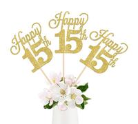 Paquete de 12 palos de centro de mesa de feliz cumpleaños número 15 con purpurina de quince saludos a 15 años de edad, palos de centro de mesa para 15 fabulosos suministros de fiesta temática de