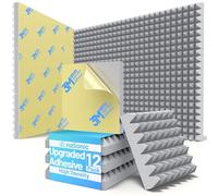 Paquete de 12 paneles de espuma a prueba de sonido de pirámide para paredes con paneles acústicos de alta densidad autoadhesivos actualizados de 3 x 12 x 12 pulgadas, absorción de sonido, paneles de