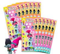 Paquete de 12 paquetes de recuerdos de fiesta de Trolls para niños y niñas, paquete de 12 hojas de calcomanías para fiestas de cumpleaños de niños, suministros de fiesta de Trolls