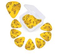 Paquete de 12 púas de guitarra con caja organizadora de almacenamiento, 0,46, 0,96 y 0,71 mm. Incluye grosor fino, medio y pesado. Mapa del mundo amarillo. Bajo personalizado.