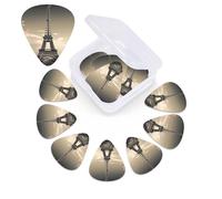 Paquete de 12 púas de guitarra Paris Tower con caja de almacenamiento organizadora, 3 púas de celuloide de diferentes grosores, púas de guitarra de arte abstracto, púas para guitarra eléctrica