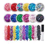Paquete de 12 - purpurina multicolor para cara y cuerpo - Pegamento incluido - Brillo grueso arcoíris - Usos incluyen: Festival Rave Maquillaje Cara Cuerpo Uñas Resina Artes y Artesanías, Resina