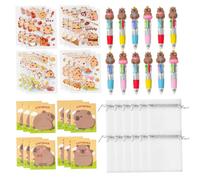Paquete de 12 regalos de fiesta de capibara Divertido juego de papelería de capibara con bolígrafo 4 en 1, nota adhesiva, pegatina y bolsa de organza para premios escolares