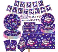 Paquete de 136 suministros de fiesta de patinaje sobre ruedas, suministros de cumpleaños, vajilla y pancarta para decoración de fiesta de patinaje temático, sirve para 40
