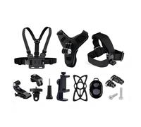 Paquete de 14 accesorios de cámara de acción para entusiastas de la aventura, destacando soportes de liberación rápida, carcasa impermeable, cinturones ergonómicos, múltiples soportes de esquina