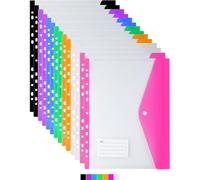 Paquete de 14 carteras de plástico transparente A4, bolsillos perforados con 11 agujeros, bolsillo expandible para carpeta, chaquetas de archivos coloridas, carpetas de documentos con botón a presión