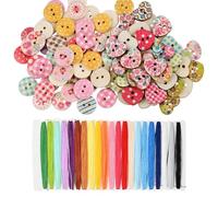 Paquete de 150 Botones Maderacon 2 Agujeros, Botones para Coser, Bricolaje, Manualidades, 100 Redondos de 15 mm y 50 Corazón de 14 mm x 16,5 mm, con una Tarjeta de Muestras Hilo en 21 Colores