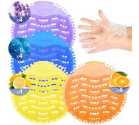 Paquete de 16 desodorantes para orinal con 100 guantes, protección contra olores 3D, antisalpicaduras, para inodoros de hombres, tapetes de orinal de cuatro aromas, fragancia de larga duración que