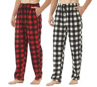Paquete de 2-3 pantalones de pijama para hombre, de forro polar, a cuadros, pantalones de pijama con bolsillos, Paquete de 2: rojo, gris y blanco, Medium