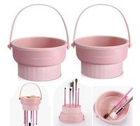 Paquete de 2 alfombrillas limpiadoras de brochas de maquillaje 3 en 1 de silicona, limpiador de brochas de maquillaje, cuenco de limpieza, esponja para limpiar, almacenar y secar boca abajo (rosa