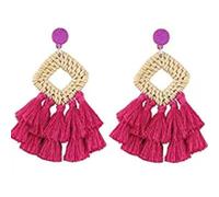 Paquete de 2 aretes clásicos de ratán bohemios geométricos hechos a mano trenzados a la moda atractivos colgantes para mujeres y niñas, color rojo rosa, código medio, average code, Plástico, como se