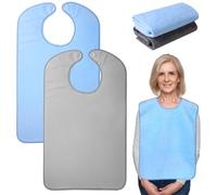 Paquete de 2 baberos para adultos para hombres y mujeres de rizo para comer, súper absorbentes y lavables, baberos ajustables para ancianos, protectores de ropa, azul y gris