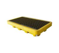 Paquete de 2 bandejas de goteo para barriles, bandeja grande antideslizante para pintura con drenaje, plataforma industrial a prueba de fugas hecha de polietileno, amarillo, 66.5 x 36 x 4.7 pulgadas