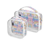 Paquete de 2 bolsas de aseo transparentes decorativas transparentes con diseño de castillo de cuento de hadas de dibujos animados, aprobadas por la TSA, bolsas de cosméticos de viaje portátiles para