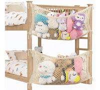 Paquete de 2 bolsas de malla de almacenamiento para peluches, bolsa de malla de algodón para habitación infantil, organizador lateral de cama para animales de peluche, color beige, ahorra espacio y se