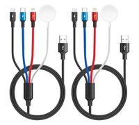 Paquete de 2 cables de carga múltiple de viaje para Apple Watch, 4 en 1 trenzado, multicargador, puerto USB C/Lightning/micro para iWatch Series Ultra/SE/10-1/iPhone 16 15 14/Galaxy, 4 pies