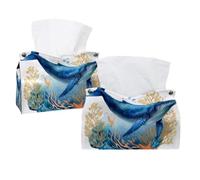 Paquete de 2 cajas de pañuelos de algas azul mar ballena con hojas, burbujas y estrella de mar coral, dispensador rectangular de servilletas faciales, funda de pañuelos para el hogar, baño, cocina