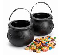 Paquete de 2 calderos de bruja extra grandes para Halloween, calderos de plástico negro de 20 cm, cubo de dulces con asa para dulces o dulces, rellenos de bolsas de golosinas, recuerdos de fiesta