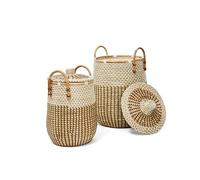 Paquete de 2 Cestas Multifuncionales para la Colada de Junco Marino para Almacenamiento con Tapa y Asa,Fabricadas en Vietnam, Decorativas Redondas Extragrandes L/S