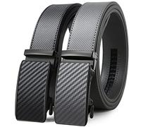 Paquete de 2 cinturones de trinquete de 1 3/8 pulgadas, cinturón de cuero con hebilla deslizante de clic en caja de regalo, cinturón ajustable para hombre ajuste, Fibra de carbono negro/gris/gris, 28/34" cintura