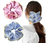 Paquete de 2 coleteros de gran tamaño, lazos grandes de encaje y satén para moño o cola de caballo, accesorios elegantes azules y rosas para mujeres y niñas con cabello grueso y rizado