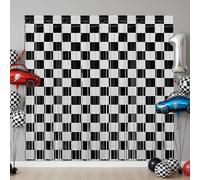 Paquete de 2 cortinas de flecos de aluminio a cuadros blancos y negros para decoración de cumpleaños de coche de carreras, 3.28 x 6.56 pies, telón de fondo para ruedas de relámpago, suministros de