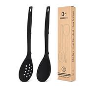 Paquete de 2 cucharas de cocina de silicona, cuchara de cocina sólida antiadherente con marcas de medición y ganchos traseros, cuchara ranurada de silicona resistente al calor para cocinar, mezclar