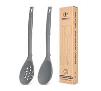 Paquete de 2 cucharas de cocina de silicona, cuchara de cocina sólida antiadherente con marcas de medición y ganchos traseros, cuchara ranurada de silicona resistente al calor para cocinar, mezclar