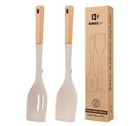 Paquete de 2 cucharas de cocina grandes de silicona, resistentes al calor, antiadherentes, con mango de madera, ideales para mezclar, revolver, servir, cocinar (KHAKI)