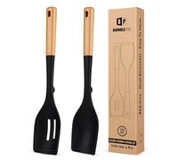 Paquete de 2 cucharas de cocina grandes de silicona, resistentes al calor, antiadherentes, con mango de madera, ideales para mezclar, revolver, servir, cocinar (color negro)
