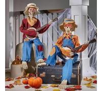 Paquete de 2 decoraciones de Halloween aterradoras - Esqueletos de banjo de duelo, esqueletos animados de banjo de duelo para Halloween, esqueleto musical de campo, músicos, decoración de calavera de