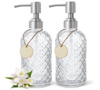 Paquete de 2 dispensadores de jabón de vidrio con patrón de gemas con bomba de acero inoxidable a prueba de óxido, dispensador de jabón líquido de manos de 13 onzas para cocina y baño, ideal para