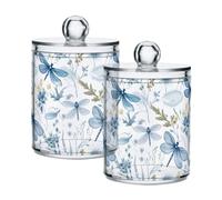 Paquete de 2 dispensadores Qtip con tapas, contenedores de almacenamiento de plástico con libélulas florales azules, organizador de botes de baño para bolas de algodón, hisopo de algodón, almohadillas