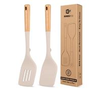 Paquete de 2 espátulas grandes de silicona, resistentes al calor, sólidas, espátulas ranuradas antiadherentes con mango de madera, utensilios de cocina ideales para flipping, panqueques, huevos
