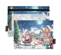 Paquete de 2 estuches para lápices con 3 anillas, con ventana transparente con cremallera, estuche para cosméticos, organizadores de cosméticos, suministros de ciudad nórdica, Papá Noel, Feliz Navidad