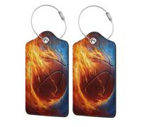 Paquete de 2 etiquetas de equipaje abstractas de baloncesto en fuego para maleta, paquete de 2 etiquetas de equipaje de cuero con solapa de privacidad, etiqueta de identificación de nombre y lazo de