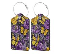 Paquete de 2 etiquetas de equipaje con diseño floral de mariposas amarillas y rosas para maleta, paquete de 2 etiquetas de equipaje de cuero con solapa de privacidad, etiqueta de identificación de