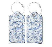 Paquete de 2 etiquetas de equipaje con patrón clásico azul y blanco Toile para maleta, paquete de 2 etiquetas de equipaje de cuero con solapa de privacidad, etiqueta de identificación de nombre y lazo