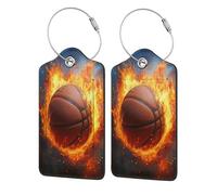 Paquete de 2 etiquetas de equipaje de baloncesto en fuego para maleta, etiqueta de equipaje de cuero con solapa de privacidad, etiqueta de identificación y lazo de metal para mujeres y hombres