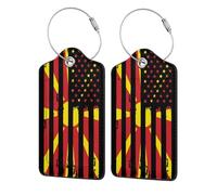 Paquete de 2 etiquetas de equipaje de cuero con la bandera a rayas de Macedonia (Macedonia y América) estilo vintage para maletas, con etiqueta de identificación, cubierta de privacidad, tarjeta de d