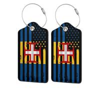 Paquete de 2 etiquetas de equipaje de cuero con la bandera a rayas de Madeira, Madeira y América, estilo vintage, para maletas, con etiqueta de identificación, cubierta de privacidad, tarjeta de dire