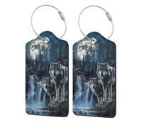 Paquete de 2 etiquetas de equipaje de cuero sintético, etiqueta de bucle de acero inoxidable Moon Wolves River Trees para maletas, etiqueta de equipaje con sello de viaje para mujeres y niñas, maleta