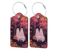 Paquete de 2 etiquetas de equipaje de madera vieja con diseño de fantasmas rosas en la vieja maleta con solapa de privacidad, etiqueta de identificación de nombre y lazo de metal para mujeres y