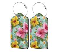 Paquete de 2 etiquetas de equipaje de piel con diseño de flores de hibisco rosa y amarillo con solapa de privacidad y lazo de metal para mujeres y hombres