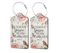 Paquete de 2 etiquetas de equipaje "His Eyes are on The Sparrow" para maletas, de cuero sintético, con protección de privacidad, artículos esenciales de viaje.