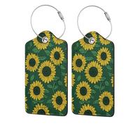 Paquete de 2 etiquetas de equipaje simples con diseño de girasoles amarillos sobre verde para maleta, etiqueta de identificación de nombre y lazo de metal para mujeres y hombres