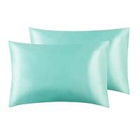 Paquete de 2 fundas de almohada de seda satinada suave de morera pura para cabello y piel con cierre de sobre (color turquesa, tamaño estándar (50 x 75 cm)
