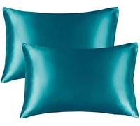 Paquete de 2 fundas de almohada de seda satinada suave de morera pura para cabello y piel con cierre de sobre, color verde azulado, tamaño estándar (50 x 75 cm)
